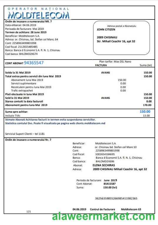 Moldova Moldtelecom utility bill template in Word and PDF format, fully editable